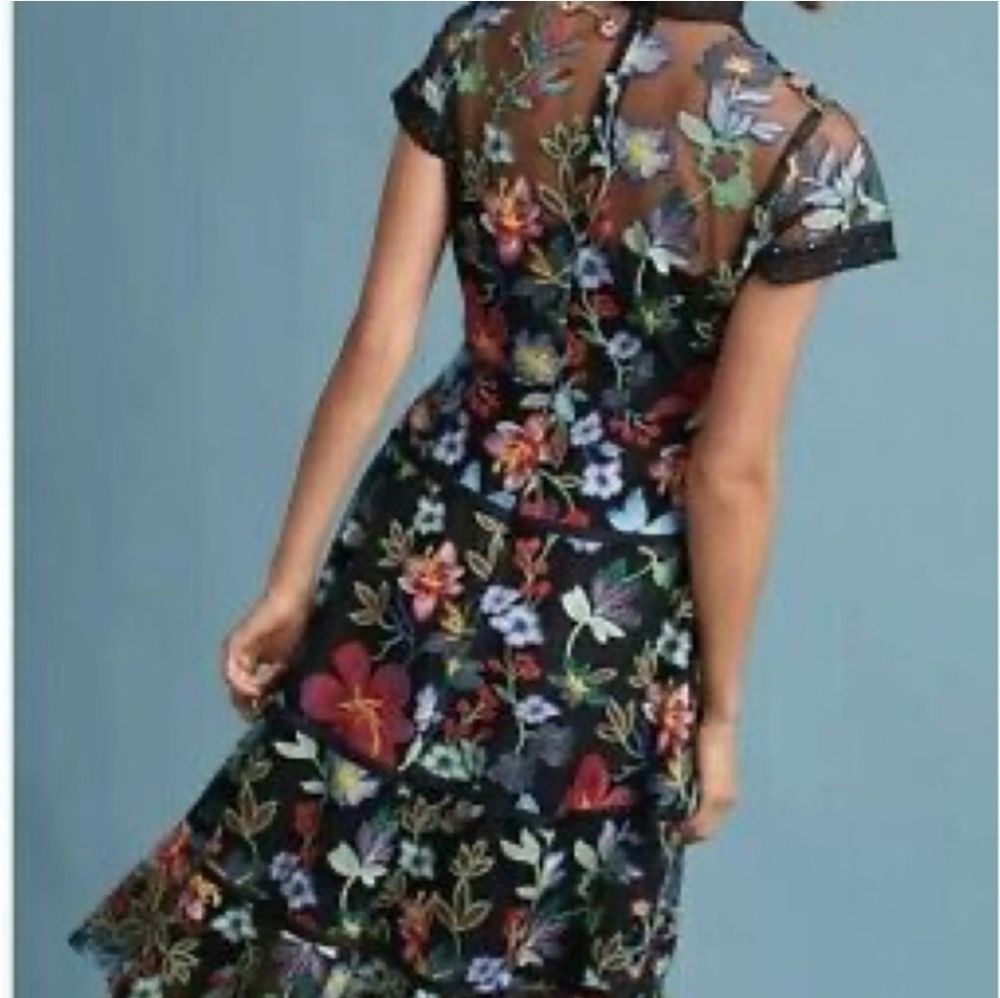 Anthropologie Black Sheer Midi Dress with Multicolor Floral Embroidery - Picture 2 of 8